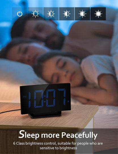 GOLOZA Digital Alarm Clock for Bedrooms with Modern Curved Design, Conspicuous Blue LED Numbers, 6 Levels Brightness, 2 Volume, 3 Alarm Tones, Snooze, Power-Off Memory, 12/24H, Bedside Clock