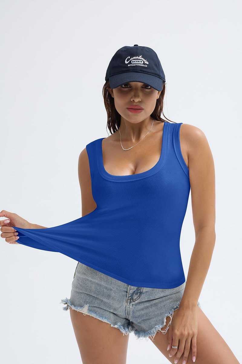 SVALIY Summer Womens Tank Tops 2025 Square Neck Fitted Sleeveless Shirts for Women Ribbed Basic Top Dark Blue