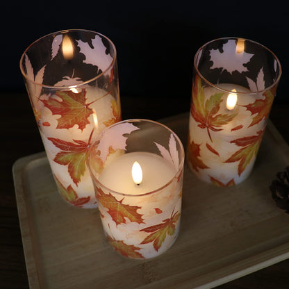 GenSwin Glass Maple Leaf Flameless Candles with Remote Timers, Battery Operated LED Flickering Candles, Real Wax Pillar Candles Christmas Wedding Decoration