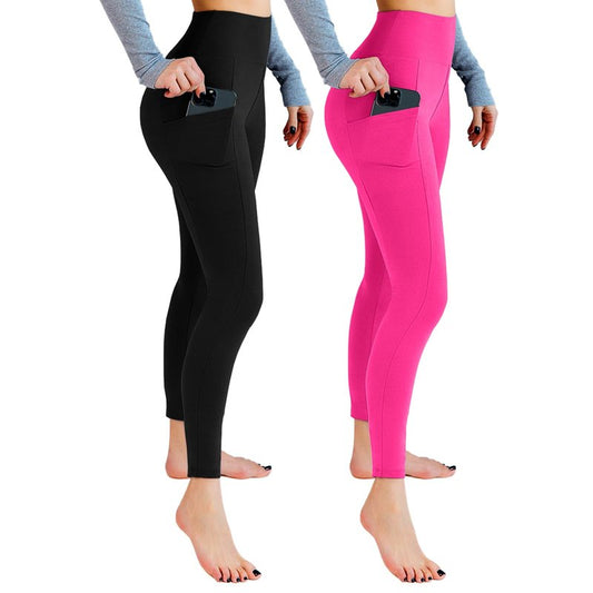 Leafigure 2 Packs Leggings with Pockets for Women, High Waisted Tummy Control Workout Leggings for Gym Black/Pink XXL