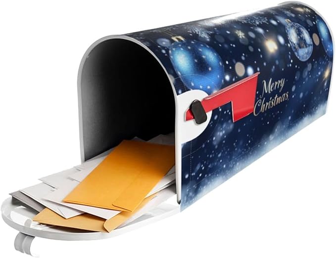 Festive Magnetic Mailbox Cover Christmas Blue Ball Pattern Outdoor Mailbox Protector Holiday Seasonal Decorative Garden Yard Home Standard Size 21 x 18 Inch