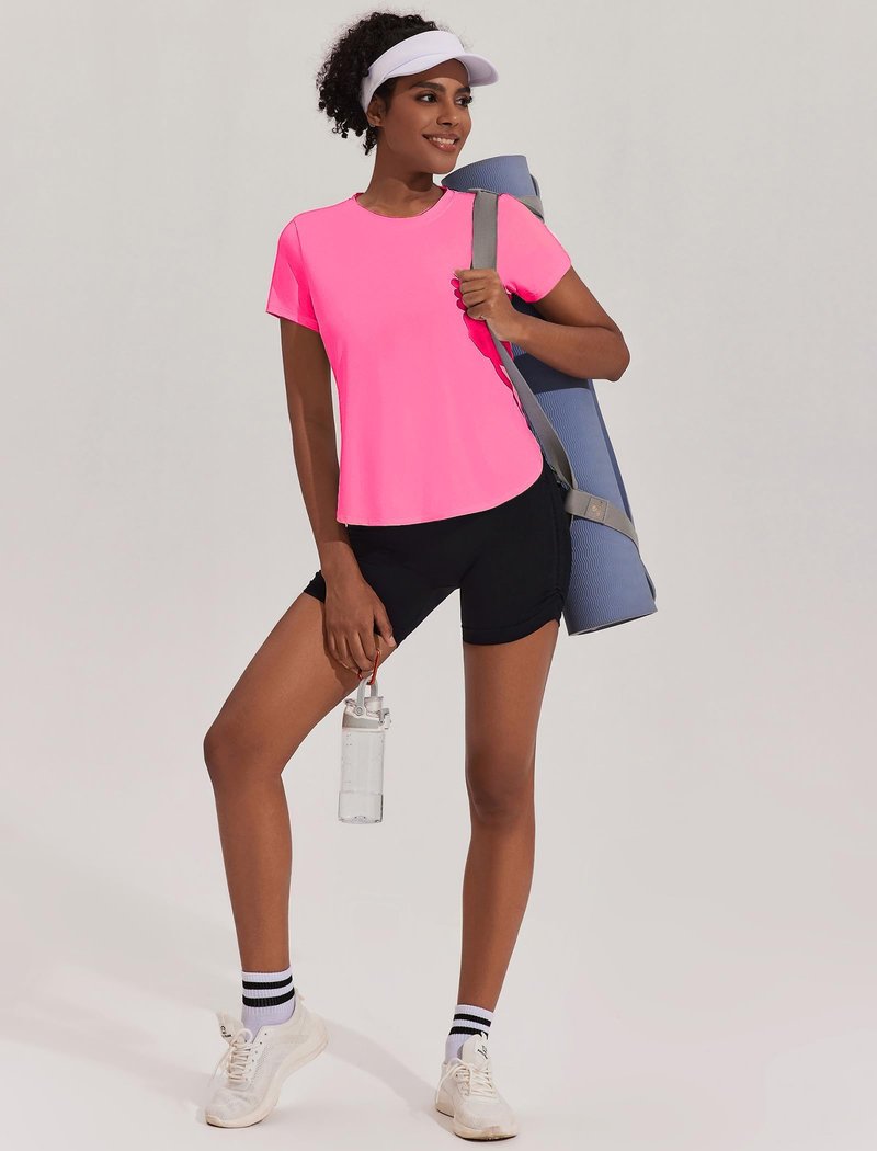 PINSPARK Workout Tops for Women Short Sleeve Workout Shirts Breathable Running Shirt Moisture Wicking Sun Shirt for Athletic Casual, Hot Pink Large