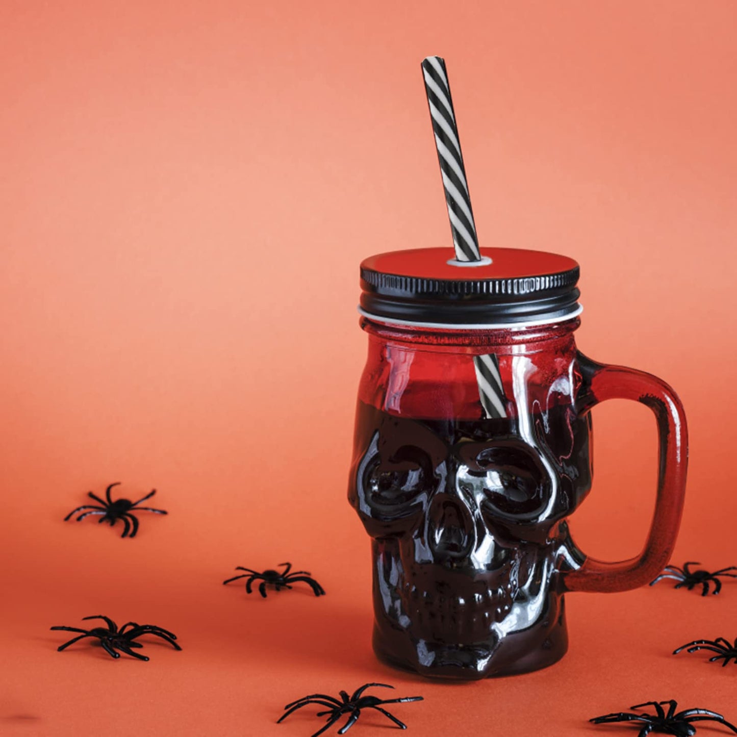 TOPZEA 6 Pack Skull Mason Jars with Handle, 16 Oz Glass Beer Mugs Gothic Wide Mouth Tumbler Cup with Straws and Lids, Novelty Pub Bar Mug Halloween Drinking Glasses for Beverage, Liquor, Mix Cocktail