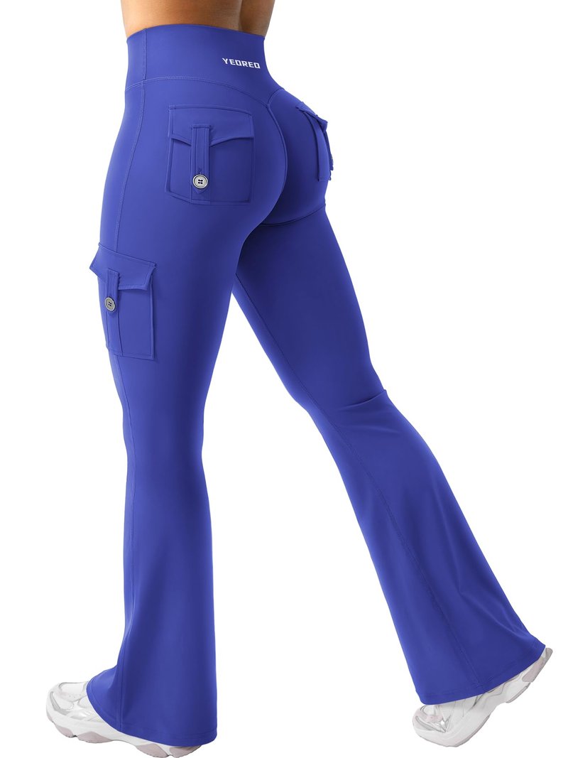 YEOREO CoreFlex Women Workout Flare Leggings with Pockets Hidden Scrunch High Waisted Cargo Gym Yoga Leggings Dazzling Blue S