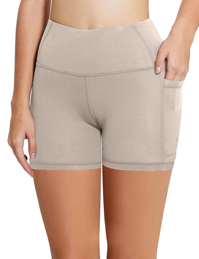 baleaf Workout Shorts Women 5" Biker Yoga Gym Spandex Running Volleyball Compression Short with Pockets Khaki S