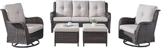 Rilyson Wicker Patio Furniture Set - 5 Piece Rattan Outdoor Sectional Conversation Sets with 2 Rocking Swivel Chairs,2 Ottomans and 1 Sofa for Porch Deck Garden(Brown/Beige)