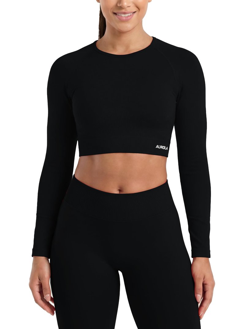 AUROLA Serpent Snake Long Sleeve Shirts for Women, Seamless Workout Crop Tops Crew Neck Cropped T Shirt Athletic Yoga,Solid-Black,M