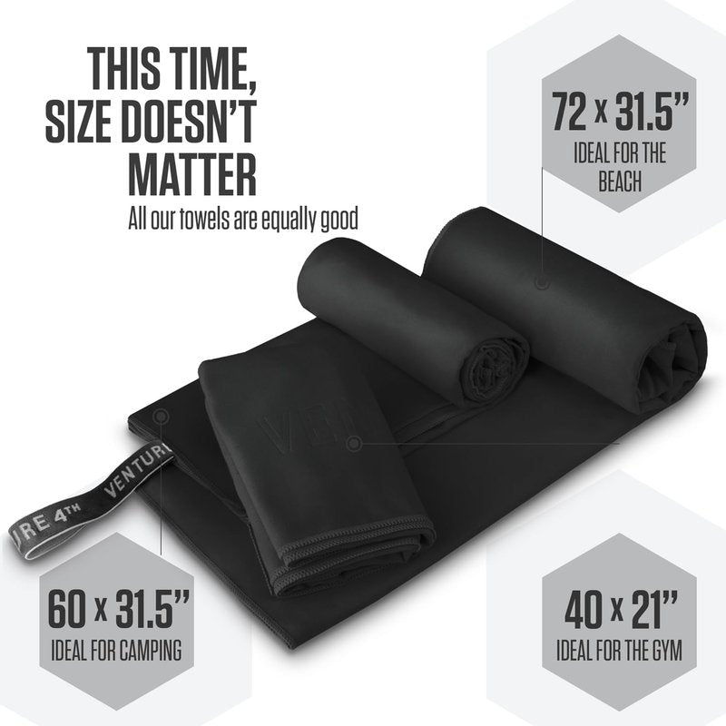 VENTURE 4TH Quick Dry Towel - Microfiber Travel Towel for Camping, Hiking, Gym, Beach - Lightweight, Packable, Compact Backpacking Companion - Black Medium