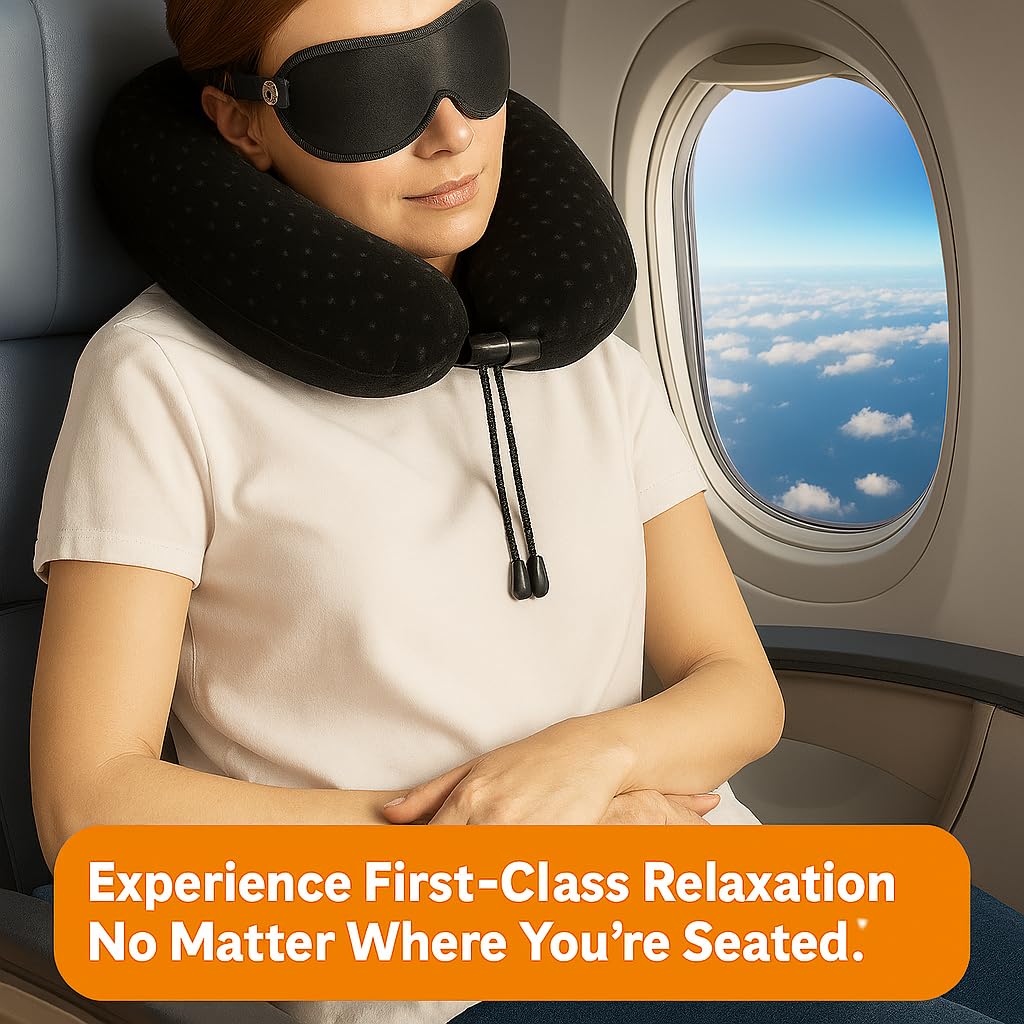 Aeris Memory Foam Travel Neck Pillow with Sleep Mask, Earplugs, Carry Bag, Adjustable Toggles and Velour Cover, Black
