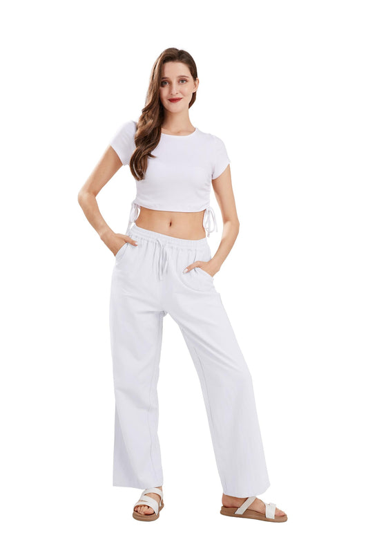 CHARTOU Women's Summer Drawstring Waist Wide Leg Loose Cotton Linen Palazzo Pants