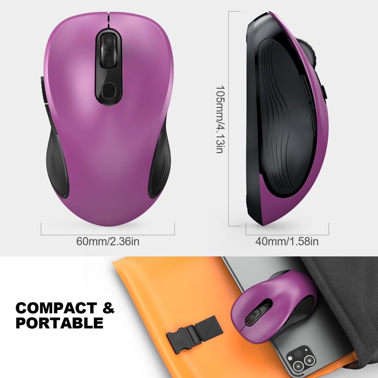 WisFox 2.4G Wireless Mouse for Laptop, Ergonomic Computer Mouse with USB Receiver and 3 Adjustable Levels, 6 Button Wireless Mice for Windows Mac PC Notebook (Grey)