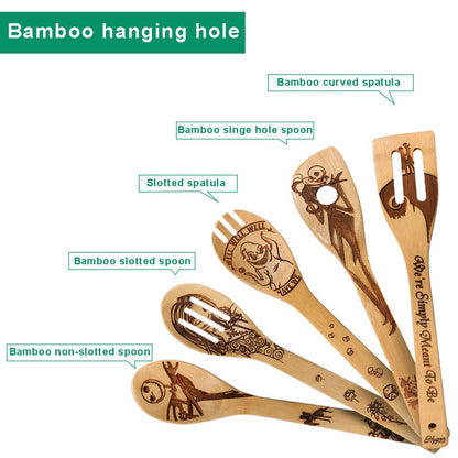 Halloween Idea Utensil Burned Wooden Spoons Set House Warming Wedding Present Slotted Spoon 5 Piece SpoonSet