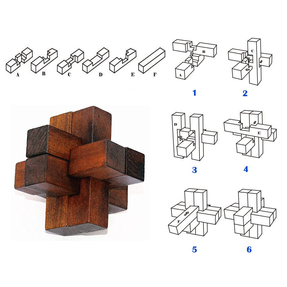 Gracelaza 6pcs Wooden Blocks Brain Teaser Puzzles Set 3D Interlocking Wood Jigsaw Games - Ideal Mind Toys and Gift for Kids and Teens