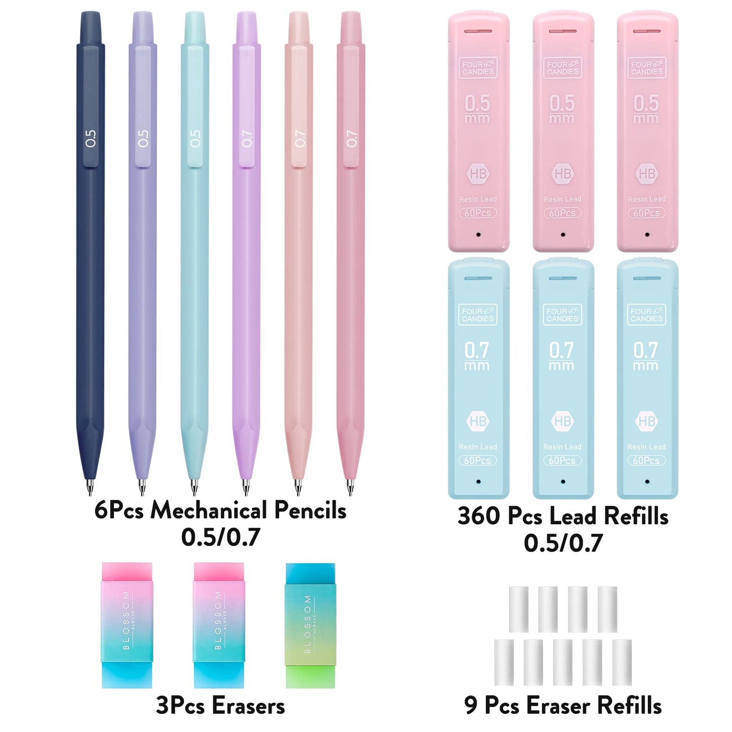 Four Candies Cute Mechanical Pencil Set, 6PCS Pastel Mechanical Pencils 0.5 & 0.7mm with 360PCS HB Leads, 3PCS Erasers and 9PCS Eraser Refills, Aesthetic School Supplies for Girls Writing