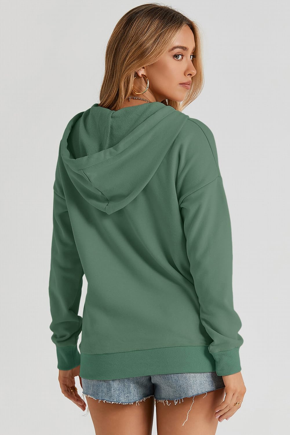 Dokotoo Hoodies for Women Drawstring V Neck Long Sleeve Front Button Collar Hooded Pullover Hoodie with Pockets Christmas Sweatshirt Loose Fit Casual Ladies Shirt Tops Winter Clothing Green X-Large