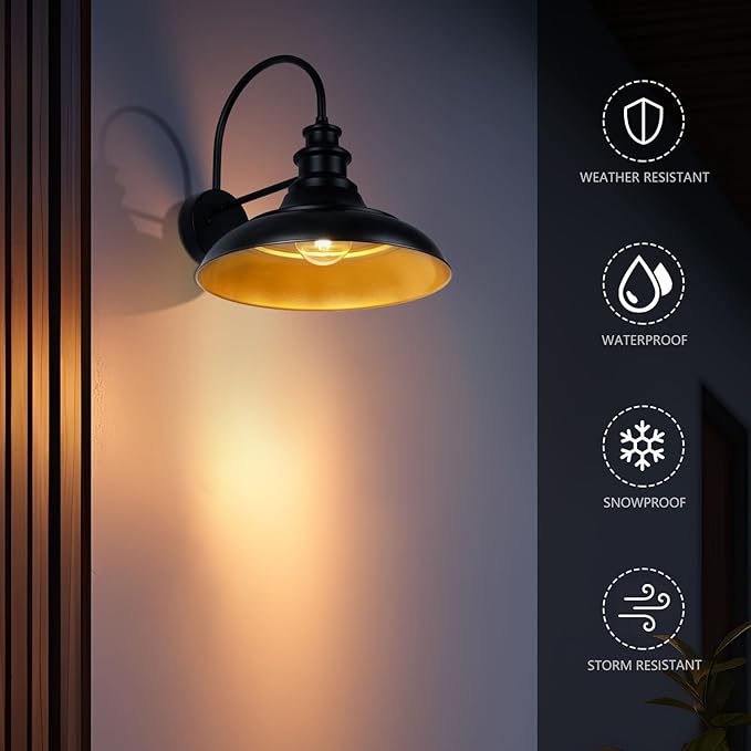 Outdoor Barn Light Fixture, 16 Inch Large Dome Farmhouse Exterior Wall Mount Light, Rustic Gooseneck Wall Sconce Indoor Wall Lighting Fixture, Industrial Black Gold Lantern for Porch, 1 Pack