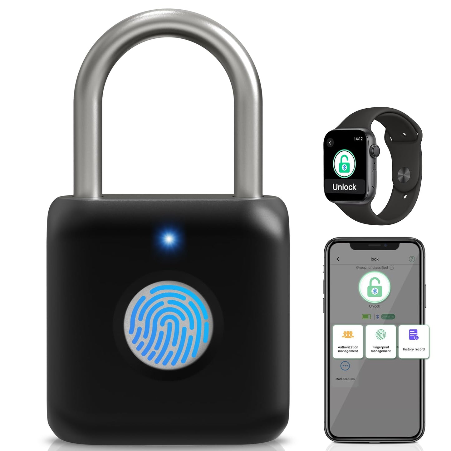 Fingerprint Padlock, Pothunder Smart Padlock, Locker Lock, Fingerprint Lock with APP Unlock, USB Rechargeable, Suitable for Gym Locker, Door(Black)