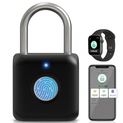 Fingerprint Padlock, Pothunder Smart Padlock, Locker Lock, Fingerprint Lock with APP Unlock, USB Rechargeable, Suitable for Gym Locker, Door(Black)