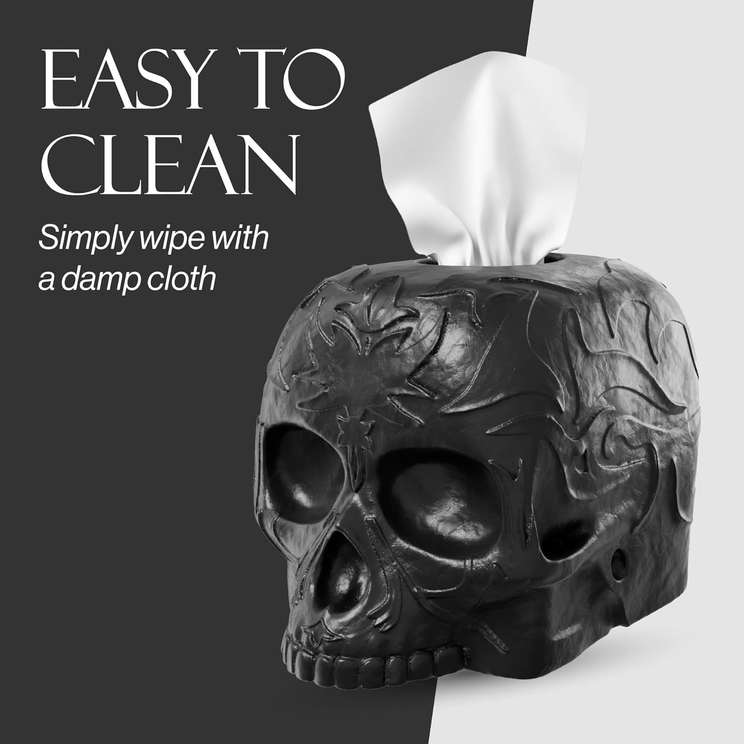Gothic Skull Tissue Box Cover – Heavyweight Square Tissue Holder – Won’t Move When Pulling a Tissue – Black Home & Bathroom Décor – Home Gift for Women & Men, Goth, Horror, & Halloween Enthusiasts