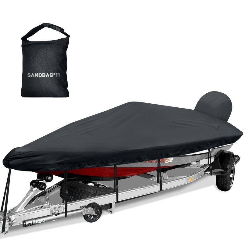 Caminor Boat Cover 16-18.5ft, Bass Tracker Boat Cover with Sand Bag Mooring Kit, 1200D Marine Canvas Waterproof Heavy Duty Boat Covers for 16 feet 17ft 18' Foot V Hull Bass & Runabout Boat,Black