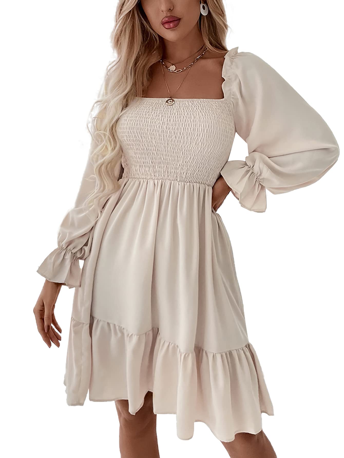 LYANER Women's Square Neck Lantern Long Sleeve Ruffle Shirred Flowy Party Mini Dress Solid Beige Small