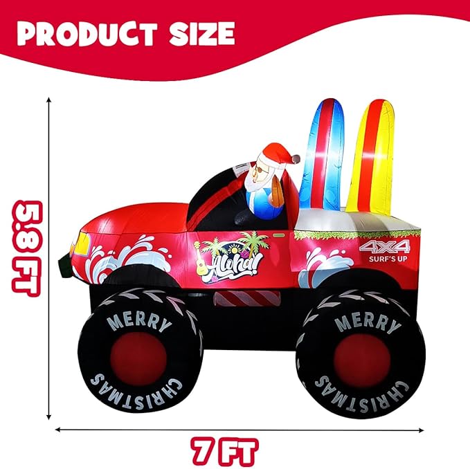 7FT Long Christmas Inflatables Monster Truck Outdoor Decorations, Xmas Blow up Santa Driving Monster Truck, Inflatable Outside Decor for Yard Garden Lawn Party Indoor Home
