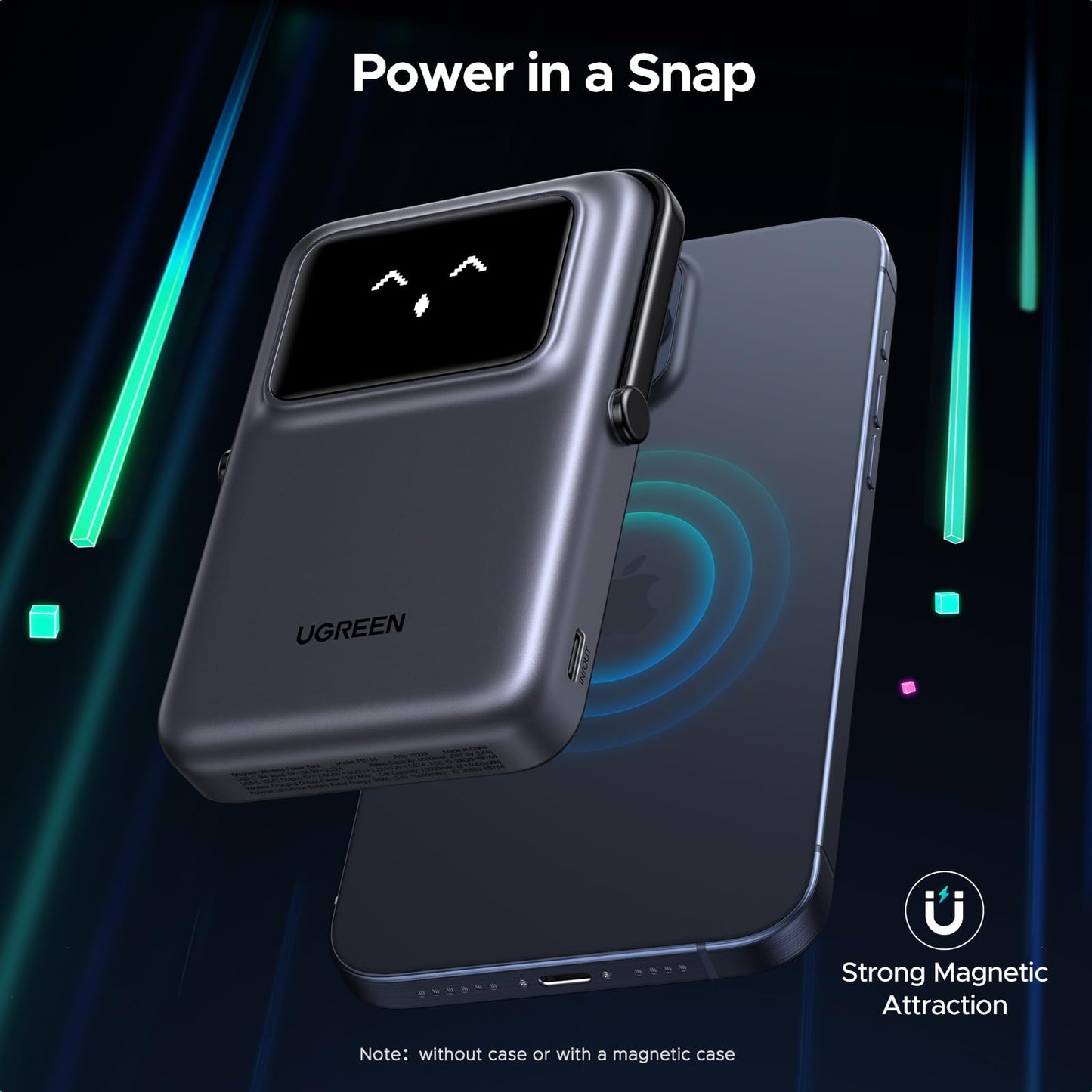 UGREEN Uno 10000mAh Magnetic Portable Charger, Qi 7.5W Wireless Power Bank, PD 20W USB C Battery Pack with Foldable Stand and TFT Display MagSafe Compatible iPhone 17/16 /15/14/13/12 Series, Black