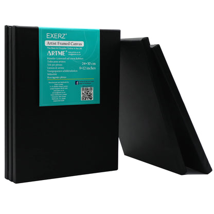 Exerz 24x30cm Black Stretched Canvas 5pk - Framed 1.7cm Pre-Stretched Artist Canvas - 280GSM 100% Cotton Triple Primed/Acid Free/Medium Grain - Acrylic & Oil Paint