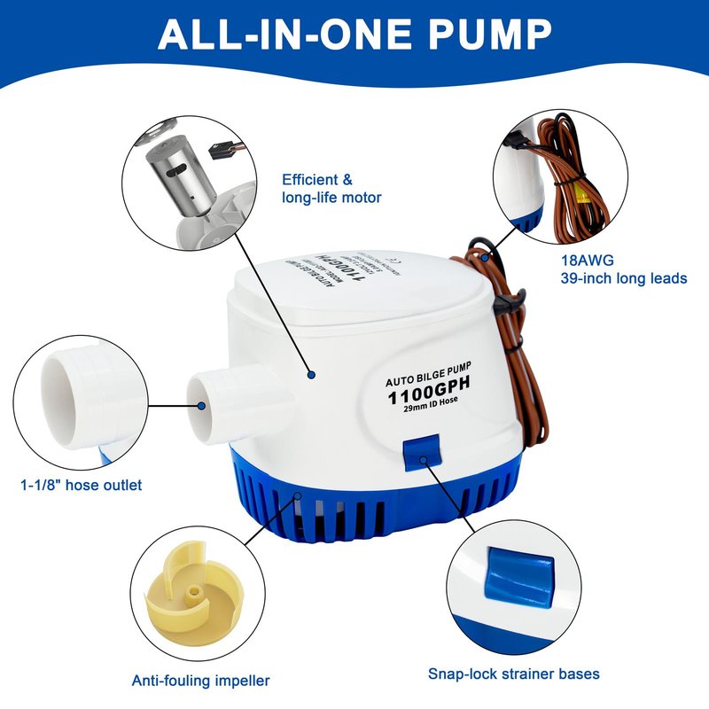 Sanuke 1100GPH Automatic Bilge Pump 12V, Submersible Auto Water Pump with Built-in Float Switch, 29mm (1-1/8") Outlet, Marine Bilge Pump for Boats, Ponds, Pools, Caravan RV