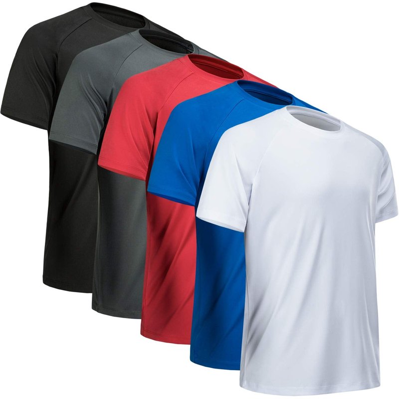 MCPORO Workout Shirts for Men Short Sleeve Quick Dry Athletic Gym Active T Shirt Moisture Wicking 5 Pack Black, Dark Grey, White, Blue, Red XX-Large