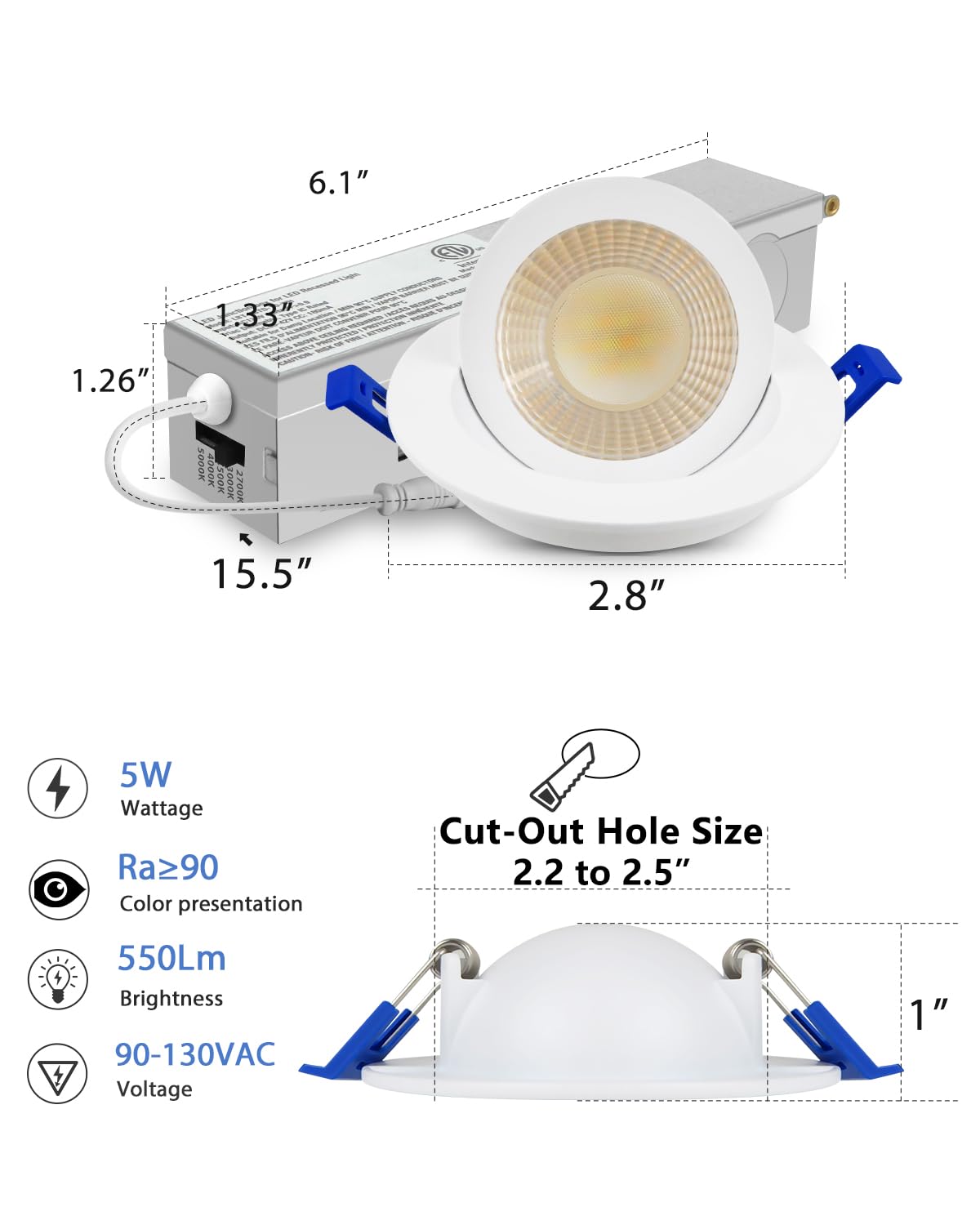Adetu 2 Inch 5CCT Gimbal Led Recessed Lighting with Junction Box, 360°+90° Adjustable Recessed Can Lights, 2700K/3000K/3500K/4000K/5000K Selectable, 5W Eqv 50W, 550LM Brightness - ETL (White,12 Pack)
