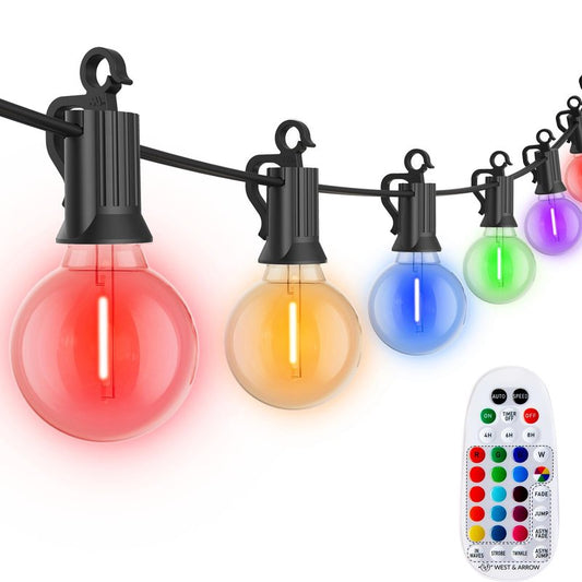 Brightown Outdoor String Lights 29 Feet G40 LED Patio Lights, 13 Plastic Edison Bulbs(1 Spare), Remote, Timer, Waterproof Connectable Hanging Light for Backyard Porch Balcony Party Decor, Multicolor