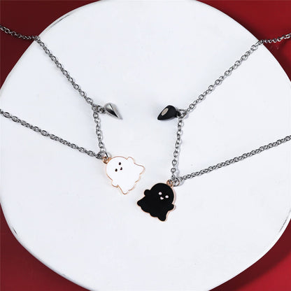 2Pcs Lovely Magnetic Love Heart Ghost Pendant Necklace Set for Women Men Friend Enamel Mutual Attract Magnet Couple Matching Necklace Halloween Jewelry Birthday Gift-A black white