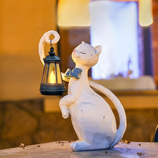 WHIMSYNOOK 10.7" White Cat Solar Garden Light Statue – Outdoor Garden & Yard Decor, LED Lantern, Gift for Cat Lovers