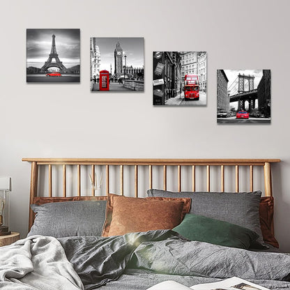 Artscope 4 Pieces Wall Art Canvas Prints - Red Cityscape with Eiffel Tower, Big Ben, Tower Bridge Picture Painting- Modern Wall Artwork Framed for Bathroom Home Office Decor - 30 x 30 CM