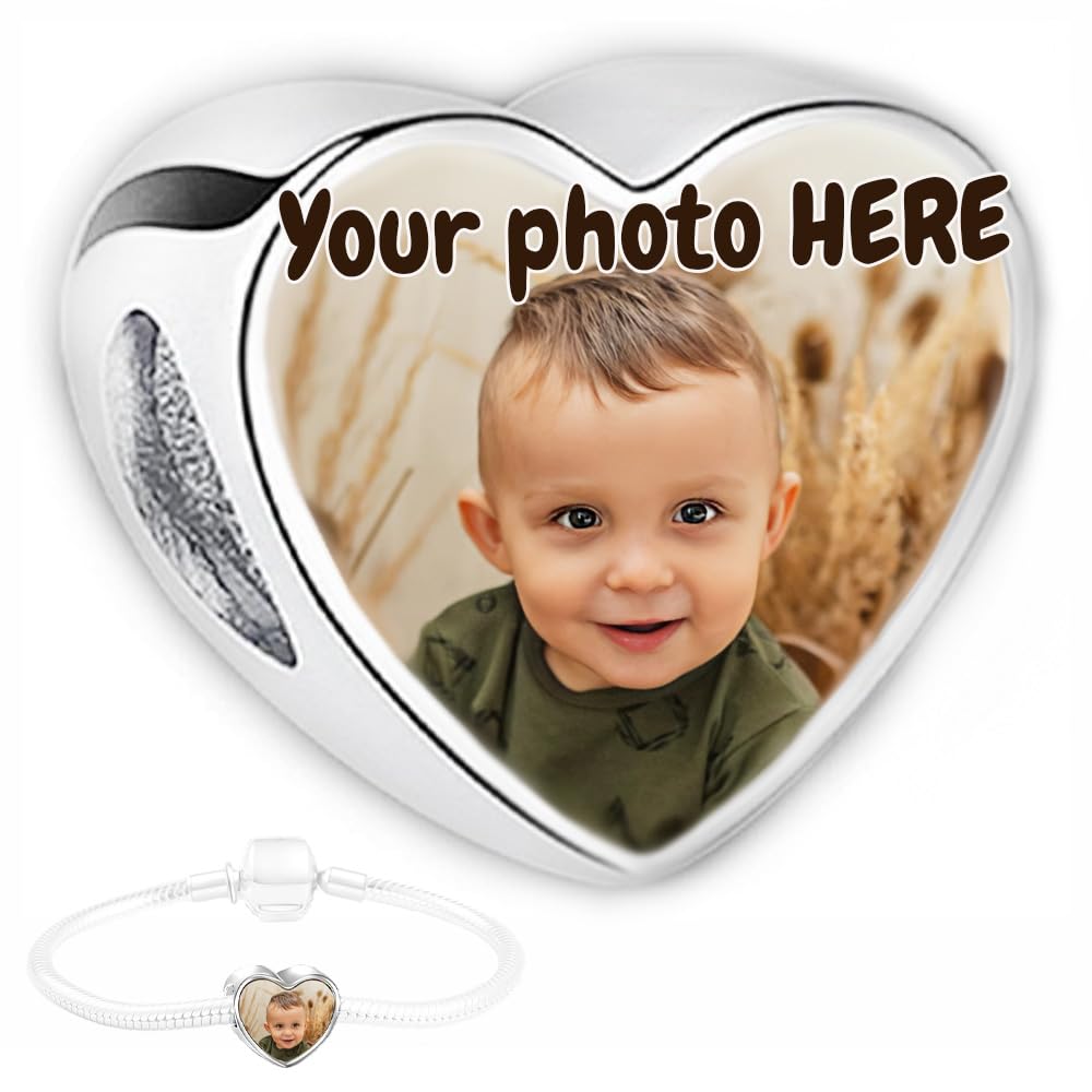 2Burned UK Personalised Love Heart Photo Charm Bead – Custom Picture Steel Jewellery – Fits European Style Charm Bracelets – Unique Gift for Mum, Wife, Girlfriend, Baby Scan Keepsake