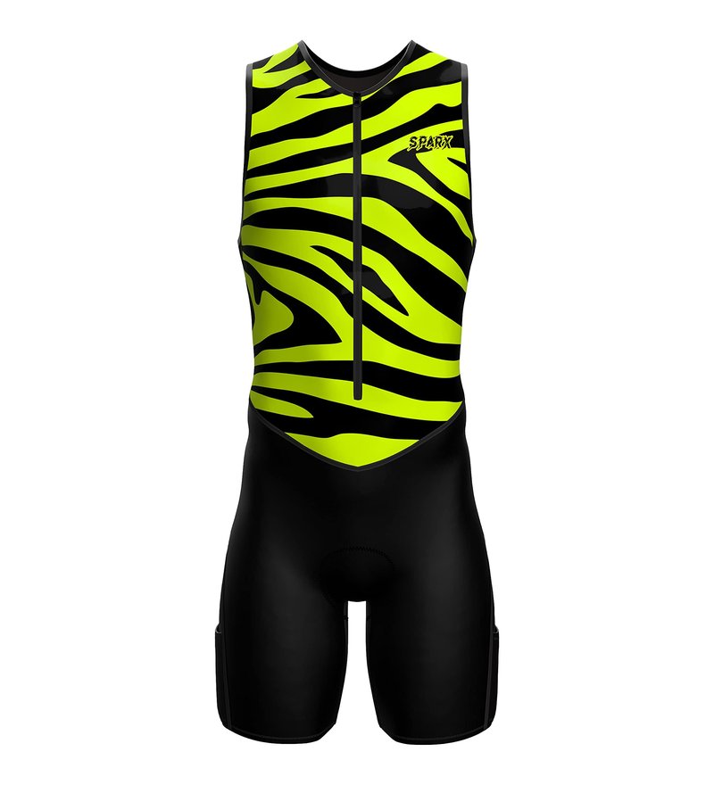 Sparx Men's Premium Triathlon Suit – Padded, Quick-Dry, Compression Fit, Lightweight Tri Suit for Swim, Bike, Run Race & Training (Yellow Tiger, 2XL)