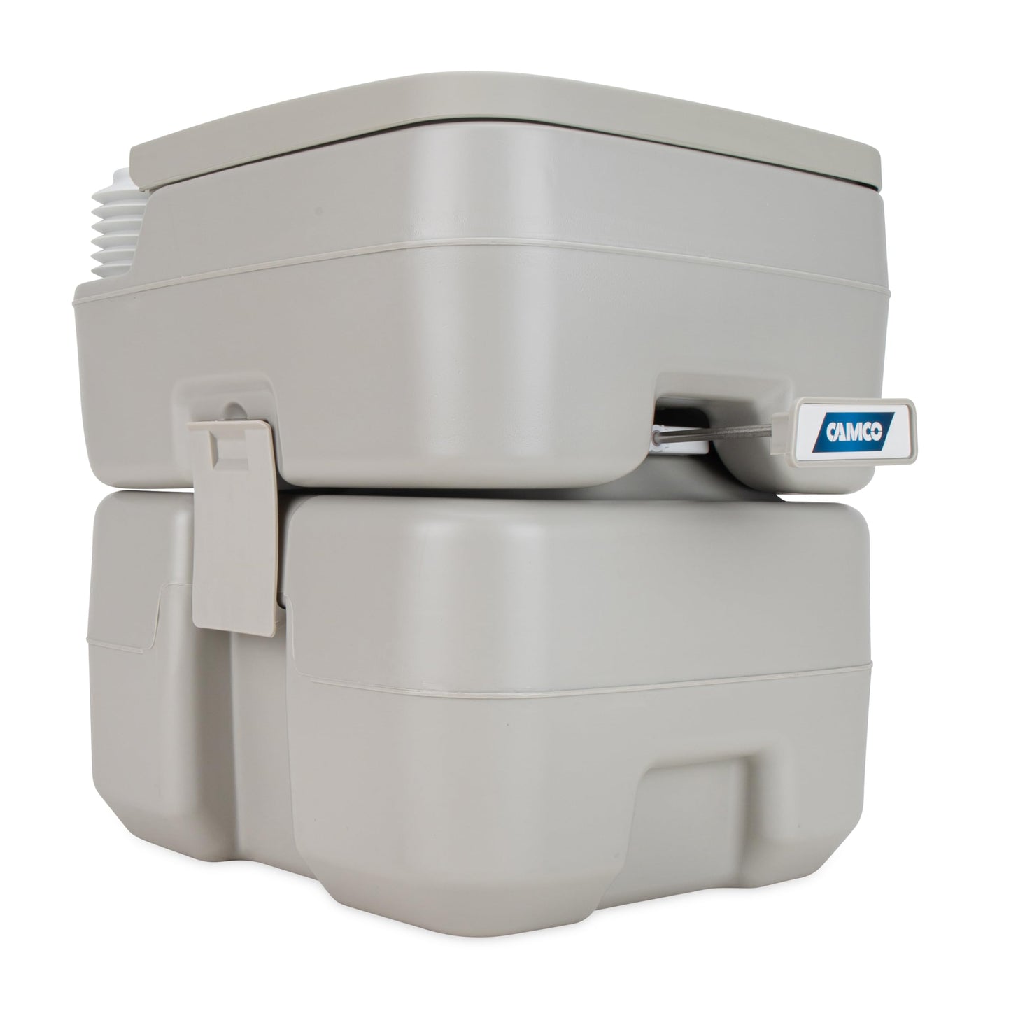 Camco 5.3-Gallon Portable Toilet - Features Detachable Holding Tank w/Sealing Slide Valve & Bellow-Type Flush - Easy Transport w/Compact Lightweight Design & Carry Handle - Gray (41541)