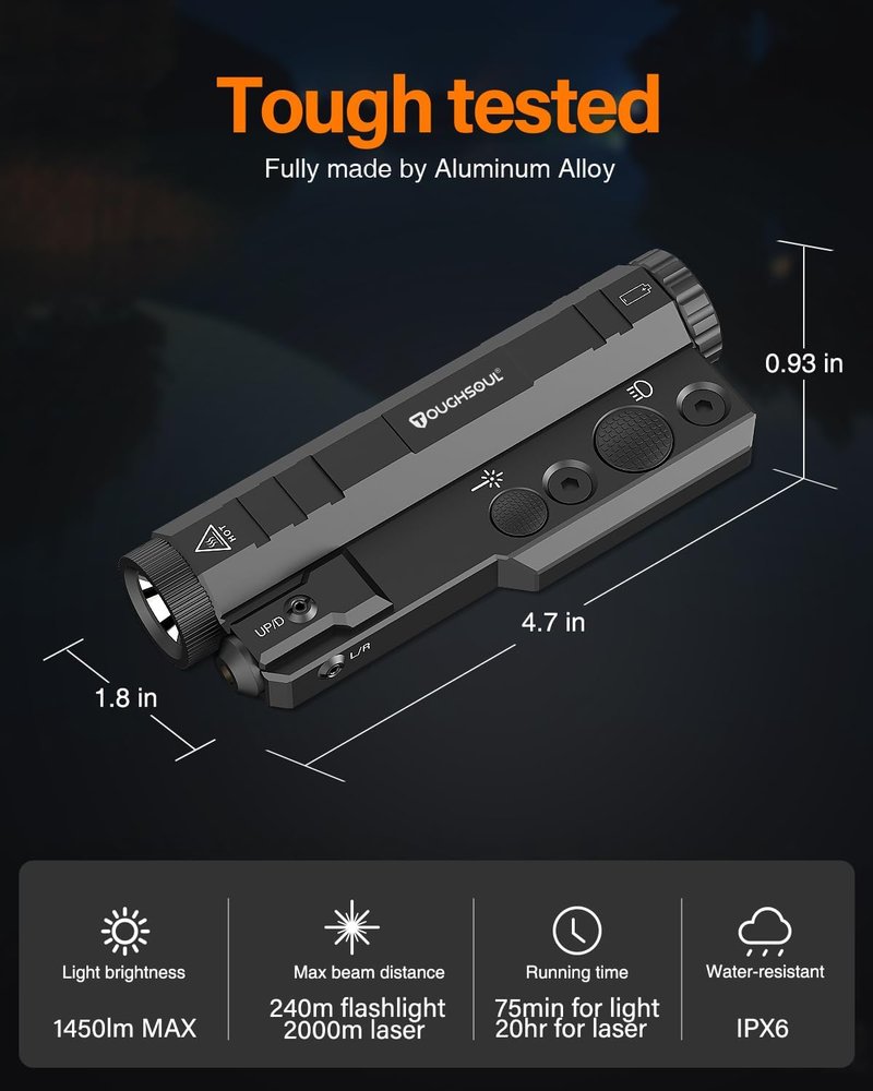ToughSoul Mlok Flashlight Laser Sight Combo - 1450 Lumen Brightness with Green Laser & Strobe Function | Replaceable Battery Included