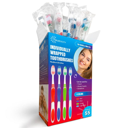 Toothbrushes Bulk Individually Wrapped – 55 Pack Medium Bristle, Multi-Colored Toothbrushes for Adults and Kids, Travel & Hospitality Multi-Pack