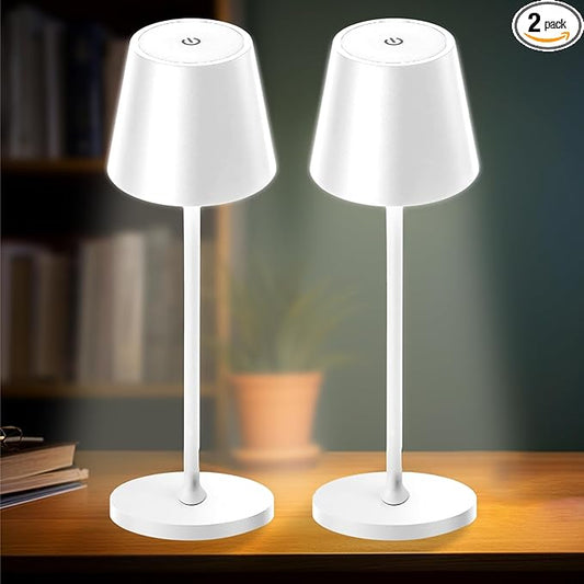 2 Pack Cordless Table Lamp,Portable LED Desk Lamp, 5200mAh Battery Operated, 3 Color Stepless Dimming Up, for Restaurant, Bedroom, Bars, Outdoor Party, Camping, Coffee Shop Night Light White