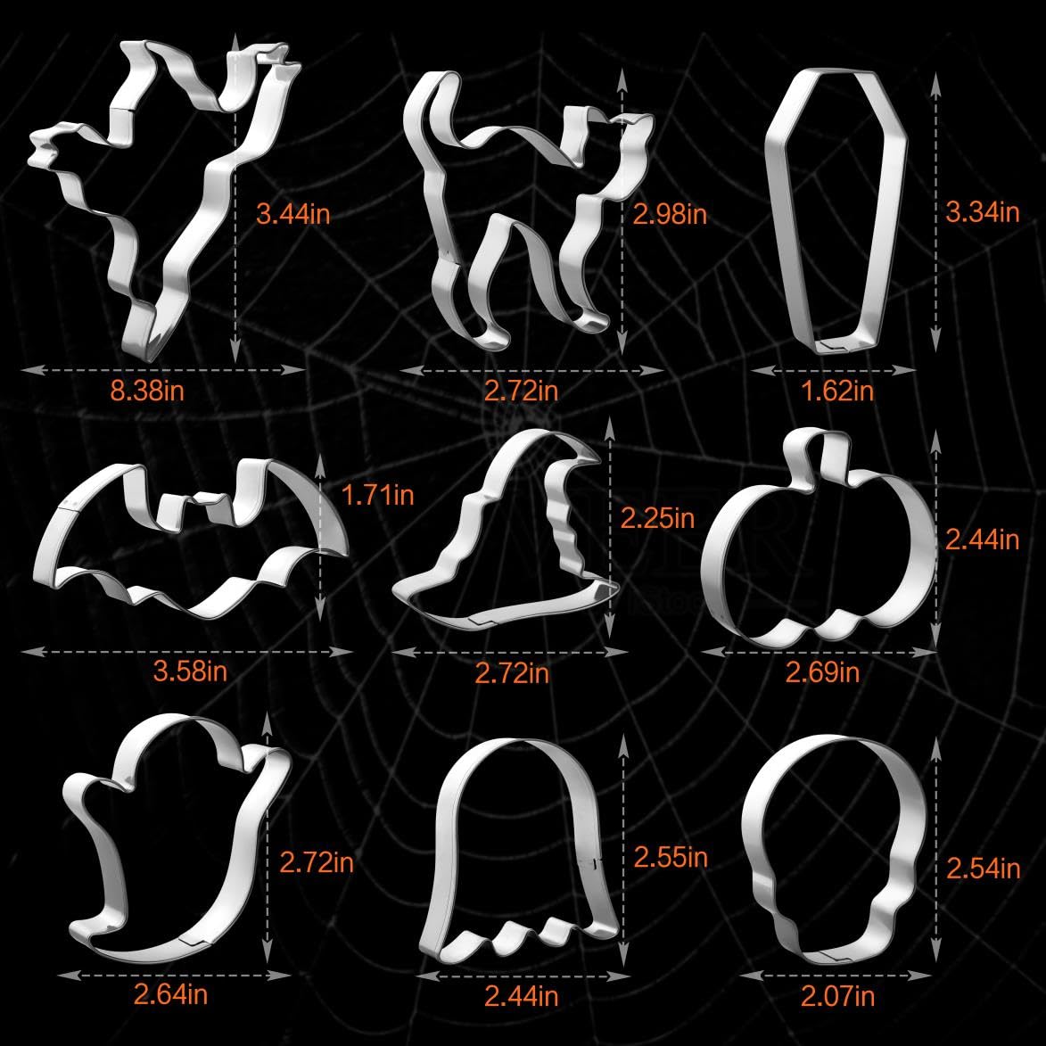 QtoiKce Halloween Cookie Cutters Set,9 Piece Stainless Steel Metal Halloween Cookie Cutters Shapes - Pumpkin, Ghosts, Bat, Black Cat, Witch's Hat, Skull, Coffin, 1, Silver