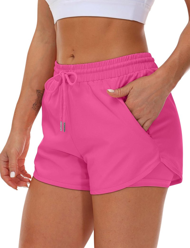 Mancreda Women's Running Shorts with Liner 3 Zipper Pockets Elastic Workout Athletic Gym Yoga Shorts(HPK,S) Hot Pink