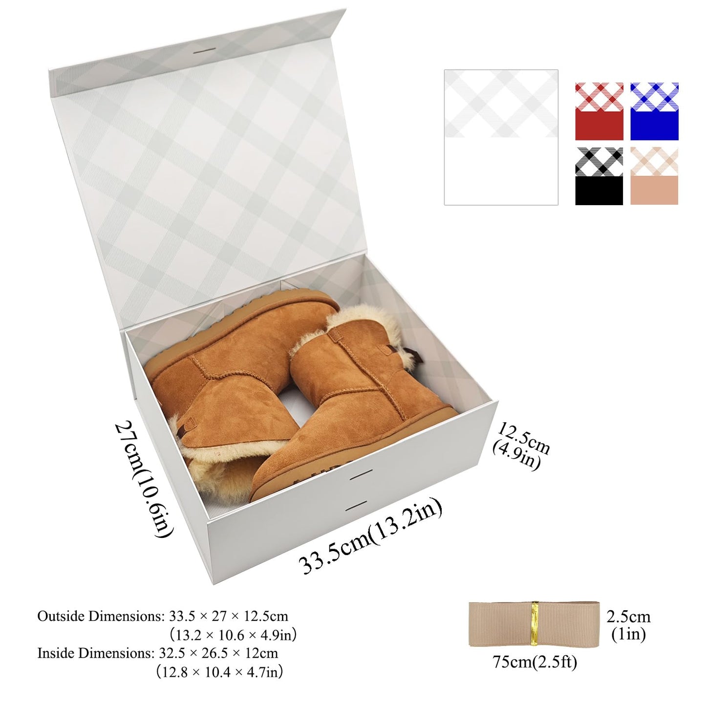 Tekhoho White Large Gift Box 33.5x27x12.5 cm, Premium Present Box with Magnetic Lid and Ribbon for Holidays Wedding Birthday Gift Packaging, Plaid Lining
