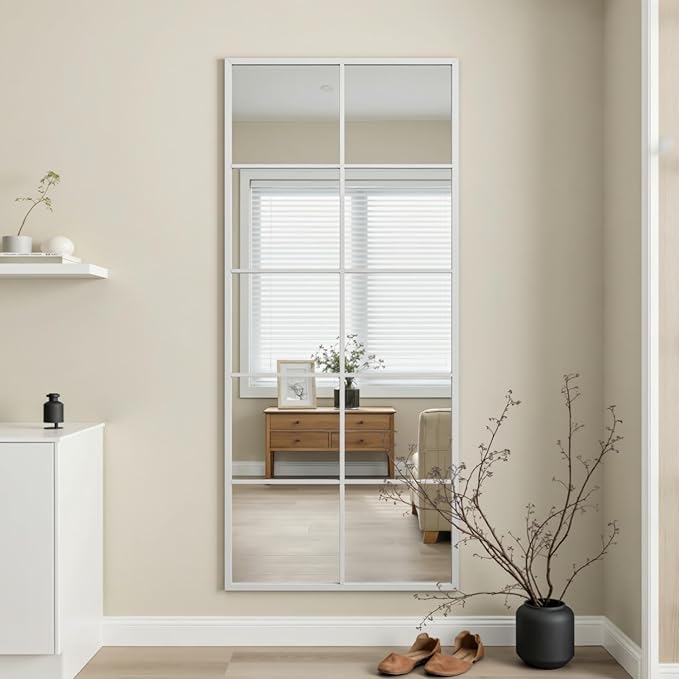 Full Length Mirror, 65"x24" Window Pane Mirror for Wall Decor, White Full Body or Wall Mounted Mirrors, Farmhouse Standing Mirrors Hanging or Leaning for Living Room, Entryway, No Stand