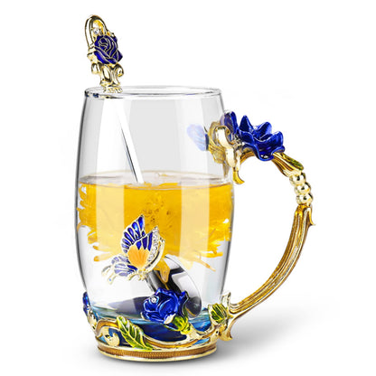 OEAGO Gifts for Mom Women Mothers Day Glass Coffee Enamels Mug Best Birthday Butterfly Rose Gifts for Her from Daughter Son Lead-Free Christmas Blue Tea Cup with Spoon Set