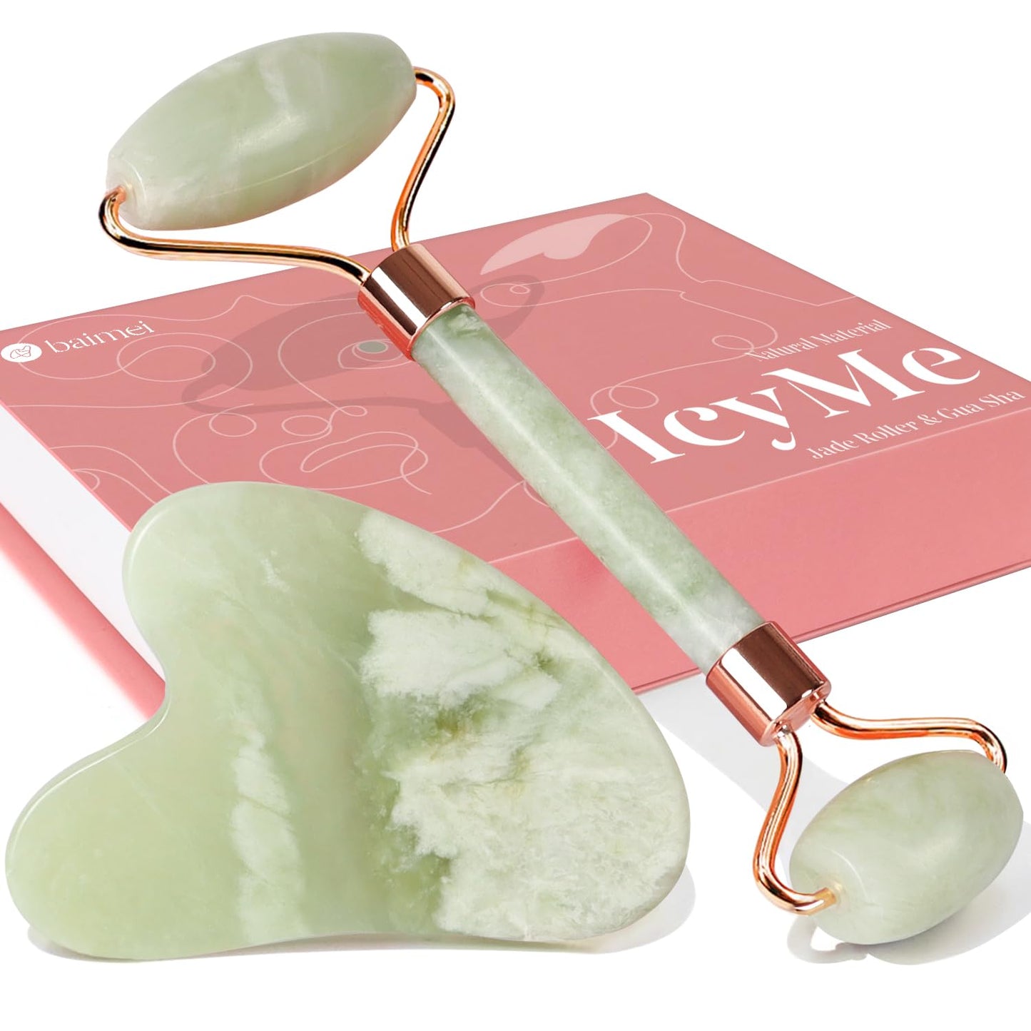 BAIMEI IcyMe Gua Sha & Jade Roller Facial Tools Face Roller and Gua Sha Set for Puffiness and Redness Reducing Skin Care Routine, Self Care Gift for Men Women - Green