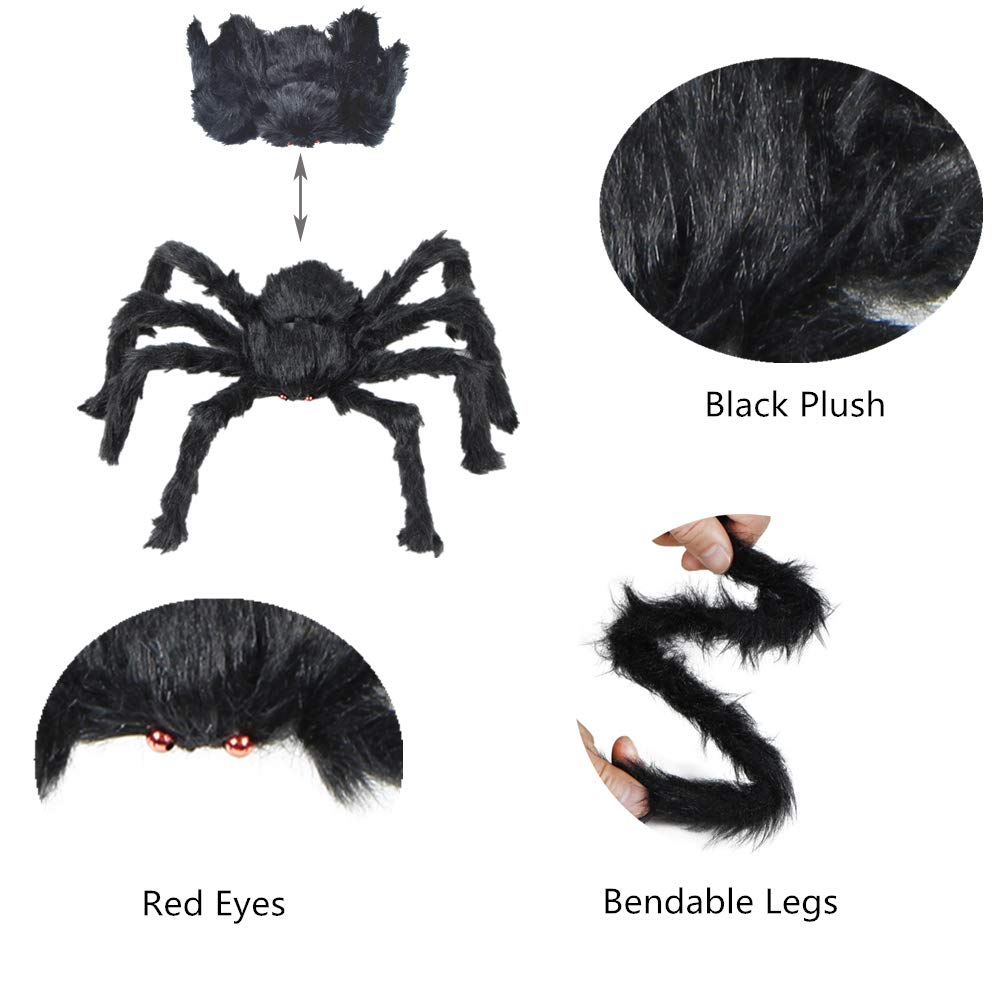 BEIGUO 5pcs Halloween Spider Set: Giant Hairy Spider with Red Eyes, Bendable Legs - Scary Decorations for Patio, Yard, Garden, House (30", 20", 12")