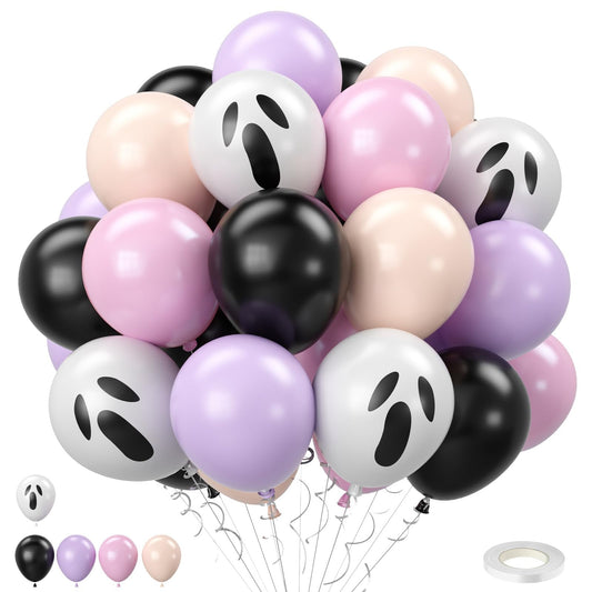 Halloween Balloons,52PCS 12 Inch Halloween Pastel Pink Black Orange Purple Balloon, Ghost Printed Ballons for Halloweenday BOO Party Decorations,Birthday,Baby Shower