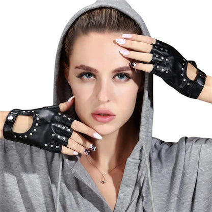 FLORVIV Black Fingerless Gloves PU Faux Leather Goth Cosplay Costume Punk Halloween Performance for Women